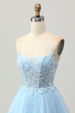 A Line Light Blue Short Appliqued Corset Cocktail Dress