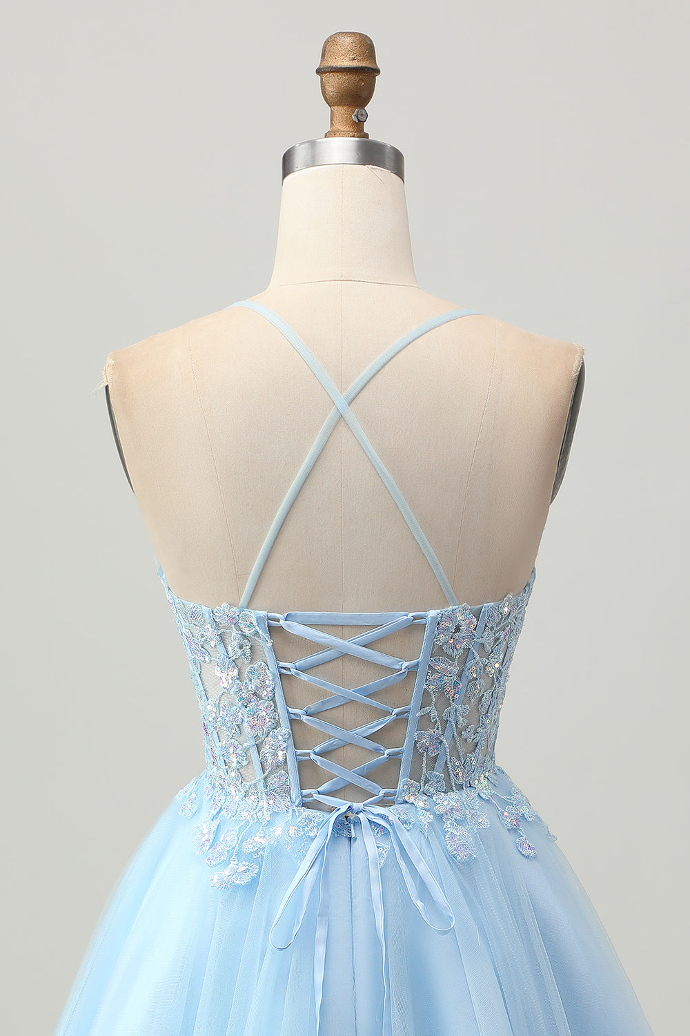 A Line Light Blue Short Appliqued Corset Cocktail Dress