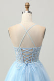 A Line Light Blue Short Appliqued Corset Cocktail Dress