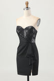 Black Strapless Corset Bodycon Beaded Cocktail Dress with Slit