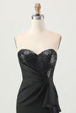 Black Strapless Corset Bodycon Beaded Cocktail Dress with Slit