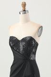 Black Strapless Corset Bodycon Beaded Cocktail Dress with Slit