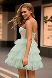Light Green A Line Strapless Corset Tiered Short Prom Dress