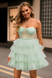 Light Green A Line Strapless Corset Tiered Short Prom Dress