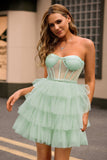 Light Green A Line Strapless Corset Tiered Short Prom Dress