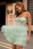 Light Green A Line Strapless Corset Tiered Short Prom Dress