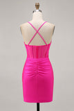Fuchsia Corset Ruched Tight Short Prom Dress