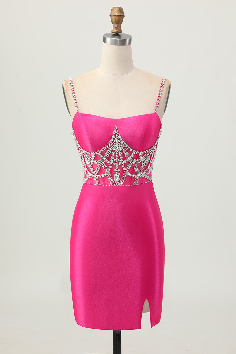 Fuchsia Bodycon Spaghetti Straps Satin Short Prom Dress with Slit