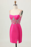 Fuchsia Bodycon Spaghetti Straps Satin Short Prom Dress with Slit