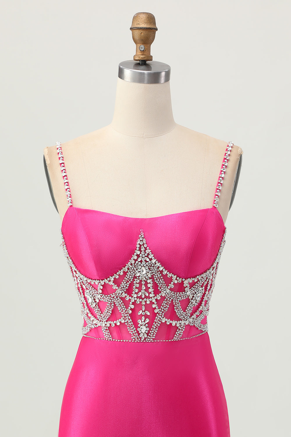 Fuchsia Bodycon Spaghetti Straps Satin Short Prom Dress with Slit