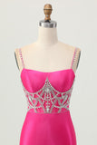 Fuchsia Bodycon Spaghetti Straps Satin Short Prom Dress with Slit