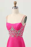 Fuchsia Bodycon Spaghetti Straps Satin Short Prom Dress with Slit
