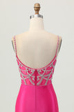 Fuchsia Bodycon Spaghetti Straps Satin Short Prom Dress with Slit