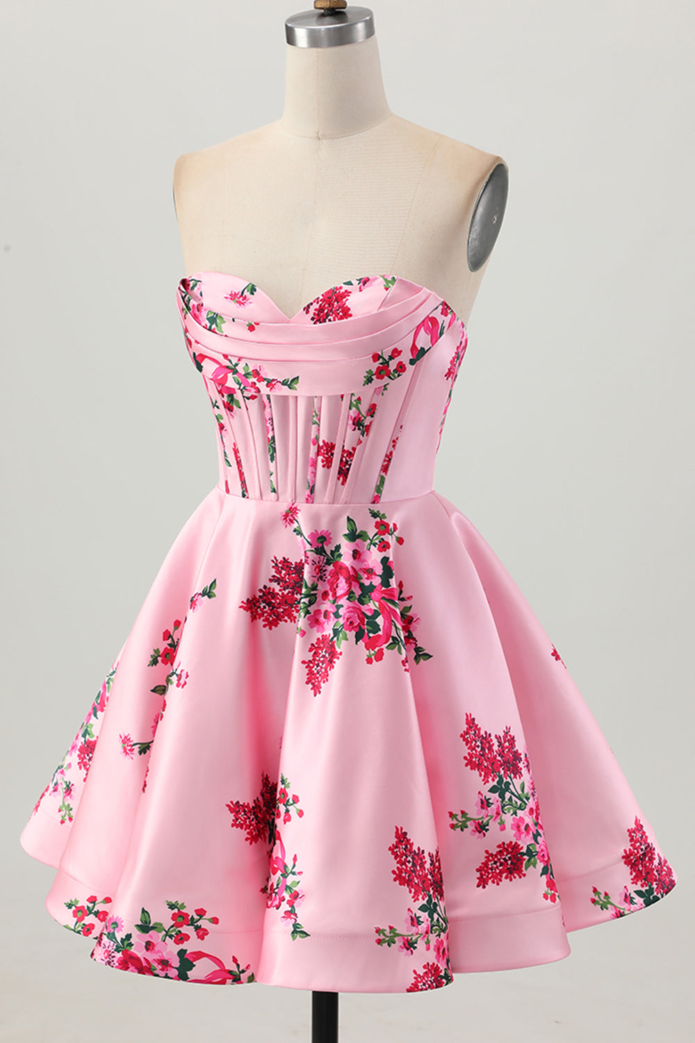 Pink Flower A-Line Sweetheart Satin Corset Cocktail Dress