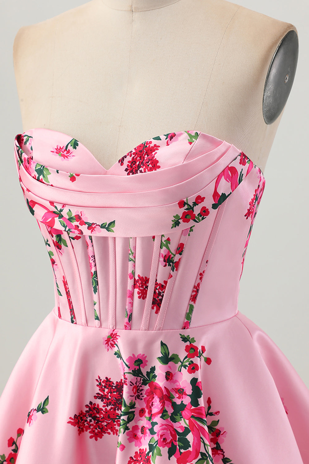 Pink Flower A-Line Sweetheart Satin Corset Cocktail Dress