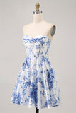 White Blue Flower A Line Strapless Corset Short Prom Dress