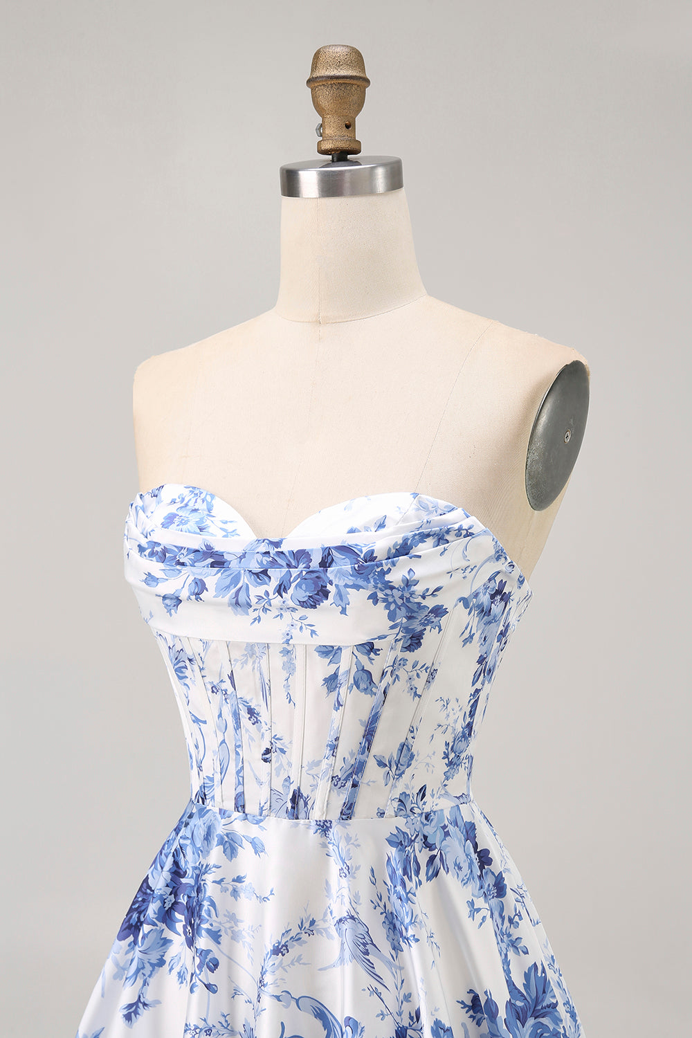 White Blue Flower A Line Strapless Corset Short Prom Dress