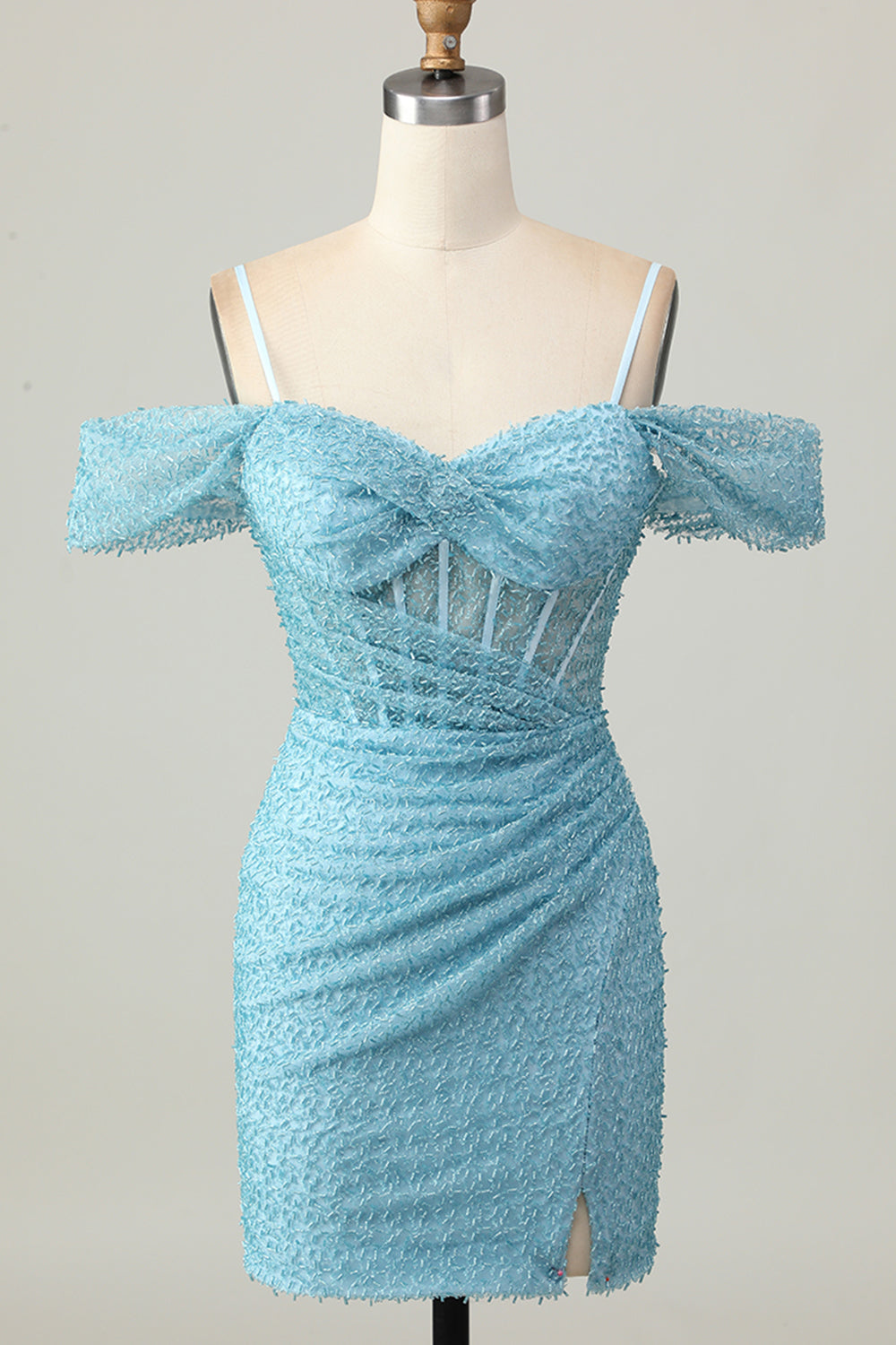 Blue Bodycon Cold Shoulder Corset Short Prom Dress with Slit