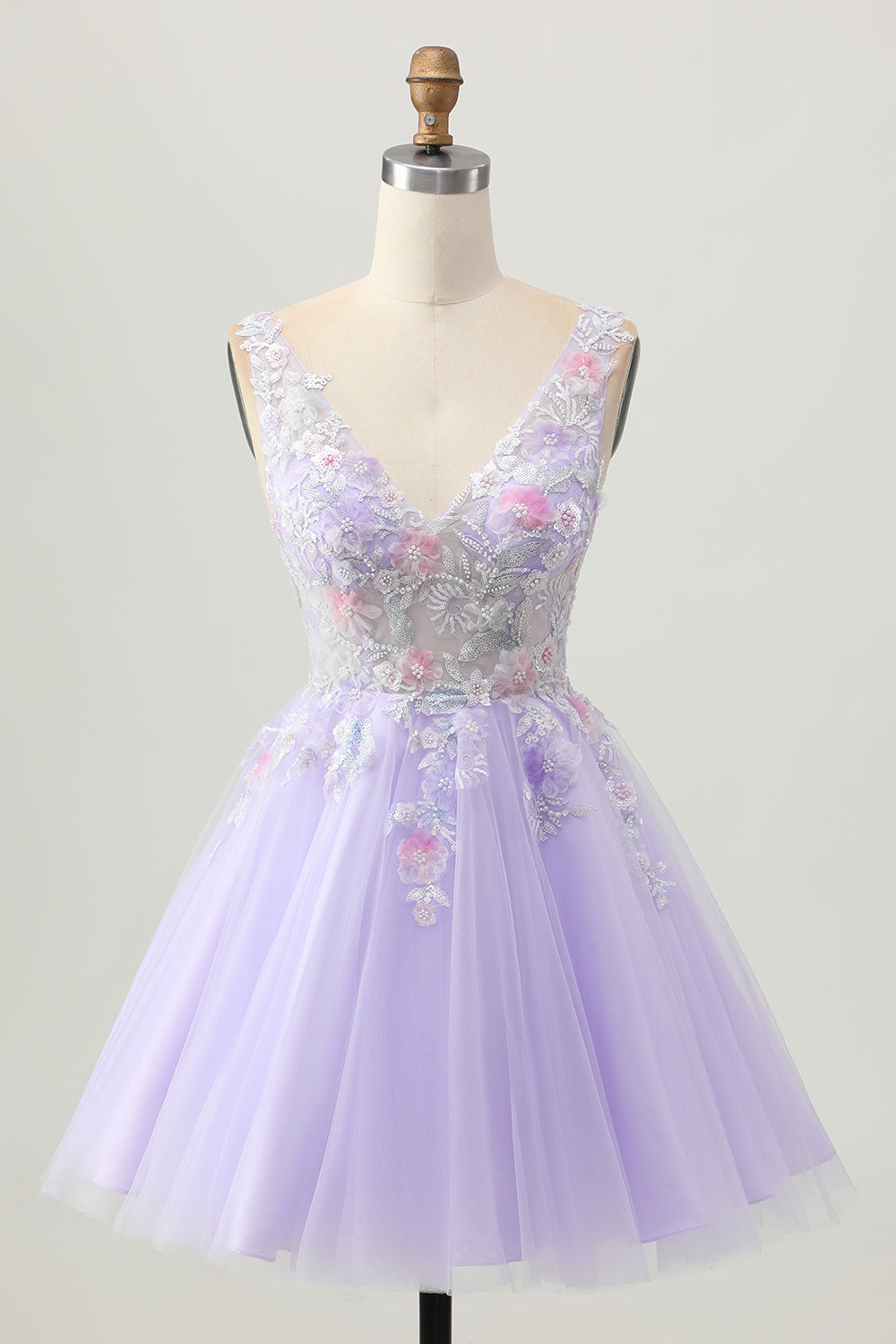 Beaded A Line Sequins Appliqued Lilac Short Prom Dress