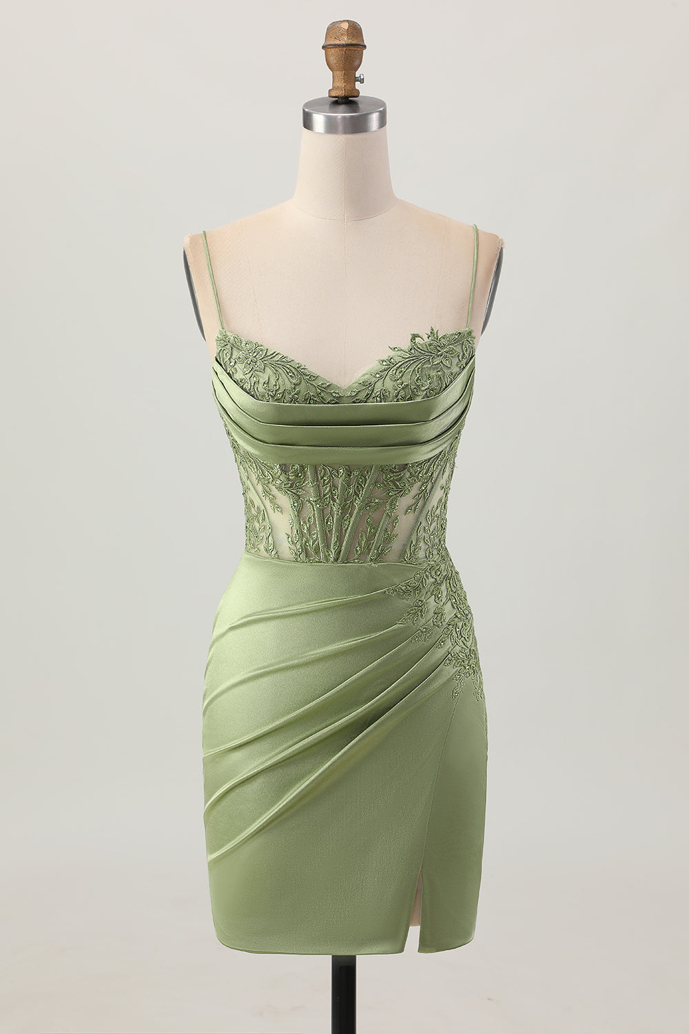 Sage Green Corset Tight Short Satin Cocktail Dress with Slit