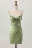 Sage Green Corset Tight Short Satin Cocktail Dress with Slit