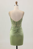 Sage Green Corset Tight Short Satin Cocktail Dress with Slit