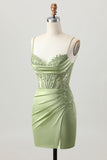Sage Green Corset Tight Short Satin Cocktail Dress with Slit