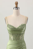 Sage Green Corset Tight Short Satin Cocktail Dress with Slit