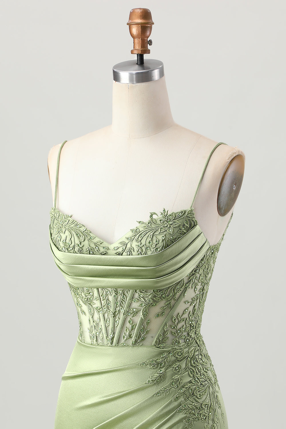 Sage Green Corset Tight Short Satin Cocktail Dress with Slit