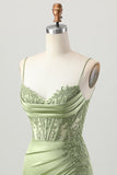 Sage Green Corset Tight Short Satin Cocktail Dress with Slit