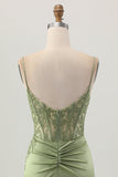 Sage Green Corset Tight Short Satin Cocktail Dress with Slit