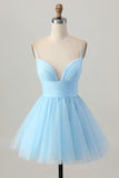 Sky Blue A Line Spaghetti Straps Short Prom Dress