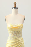Yellow Satin Corset Tight Short Prom Dress with Lace Up Back
