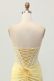 Yellow Satin Corset Tight Short Prom Dress with Lace Up Back