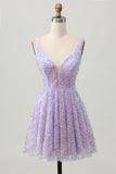 Sequins A Line Lilac V-Neck Short Cocktail Dress