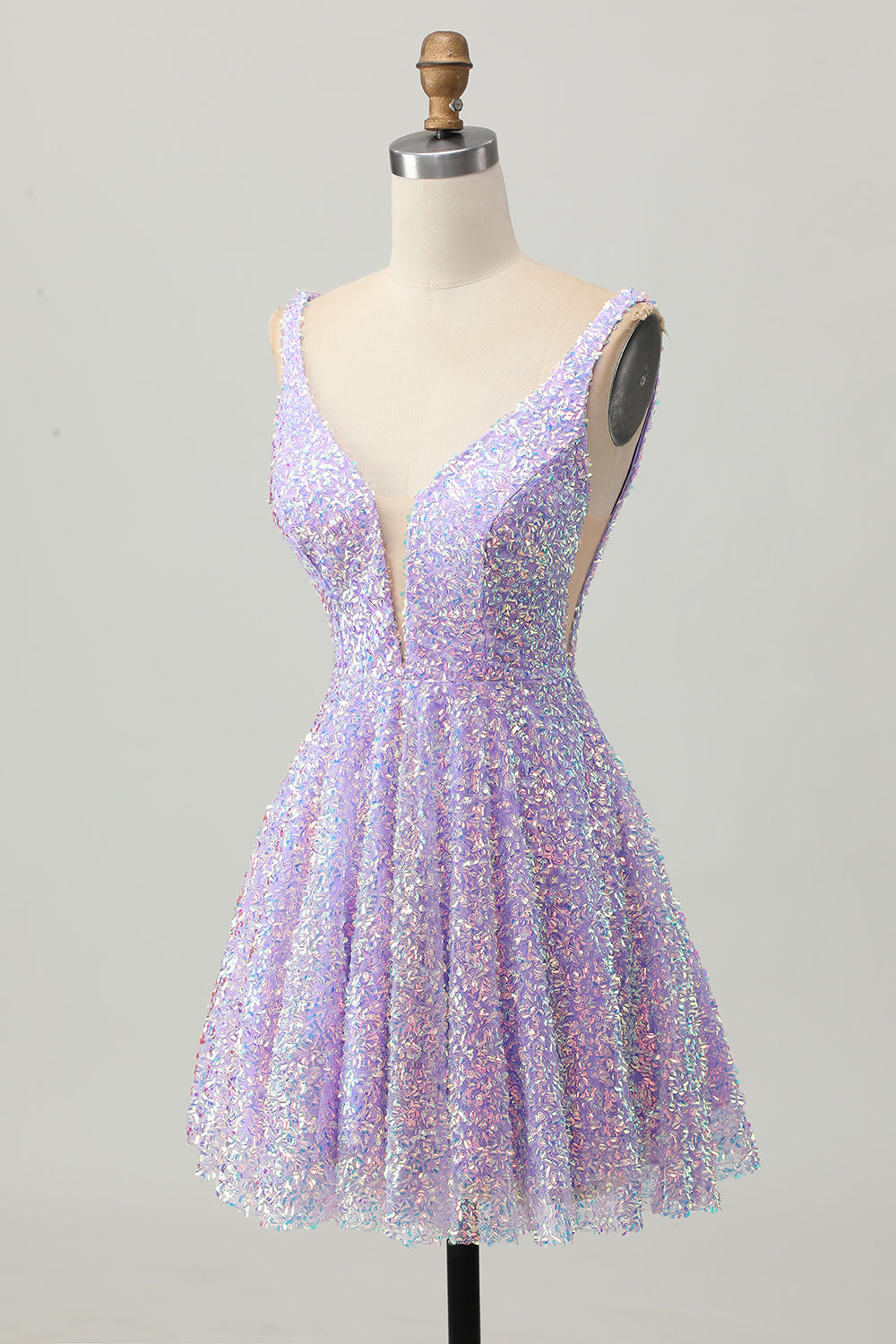 Sequins A Line Lilac V-Neck Short Cocktail Dress