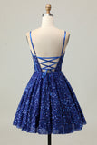 Sparkly Dark Blue A Line Corset Sequins Cocktail Dress