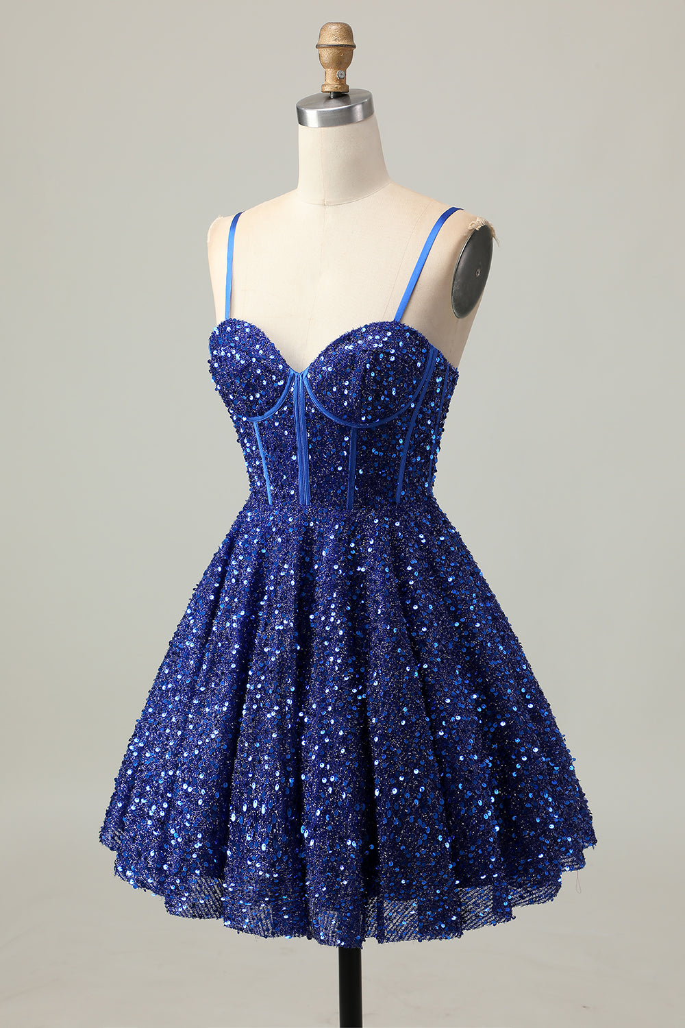 Sparkly Dark Blue A Line Corset Sequins Cocktail Dress