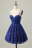 Sparkly Dark Blue A Line Corset Sequins Cocktail Dress