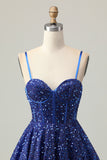 Sparkly Dark Blue A Line Corset Sequins Cocktail Dress
