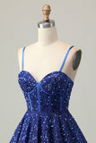 Sparkly Dark Blue A Line Corset Sequins Cocktail Dress