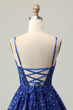 Sparkly Dark Blue A Line Corset Sequins Cocktail Dress