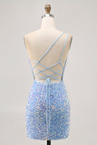 Sparkly Blue One Shoulder Tight Cocktail Dress with Slit
