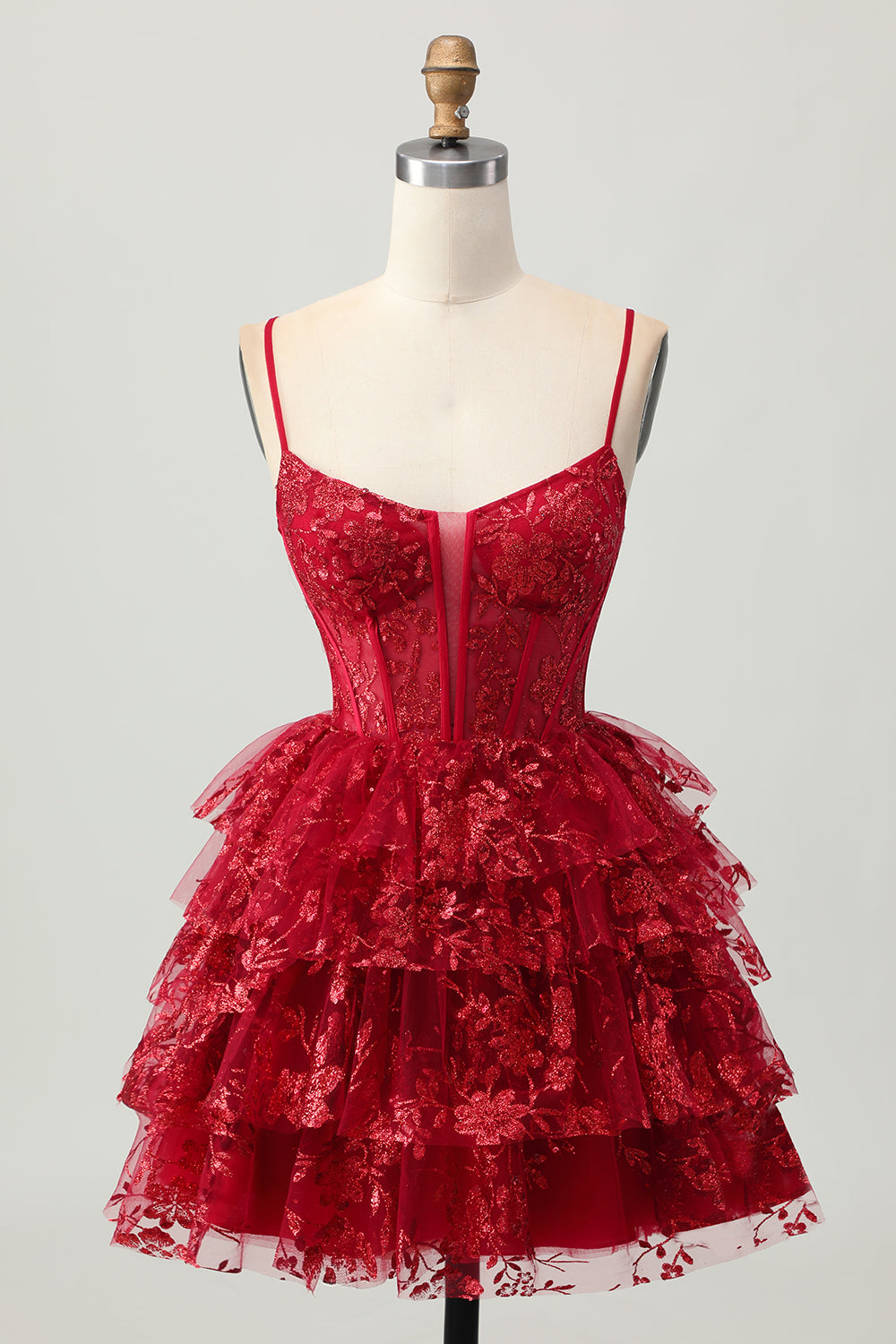 Sparkly Dark Red A-Line Tiered Corset Sequin Mini Cocktail Dress