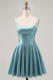 Corset Satin Grey Green A-line Short Prom Dress