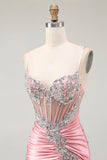 Blush Mermaid Corset Sequin Long Prom Dress with Ruffled Slit