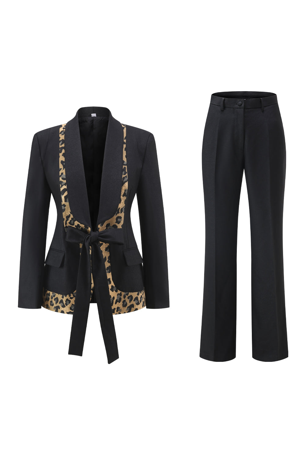 Black Leopard print Slim Fit 2-piece Women Suits