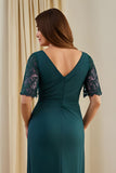 Pine Sheath V Neck Ruched Midi Wedding Guest Dress with Lace