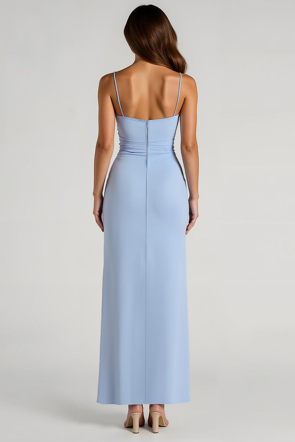 Light Blue Spaghetti Straps Sheath Ruched Long Bridesmaid Dress