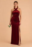 Burgundy High Neck Sheath Velvet Long Bridesmaid Dress